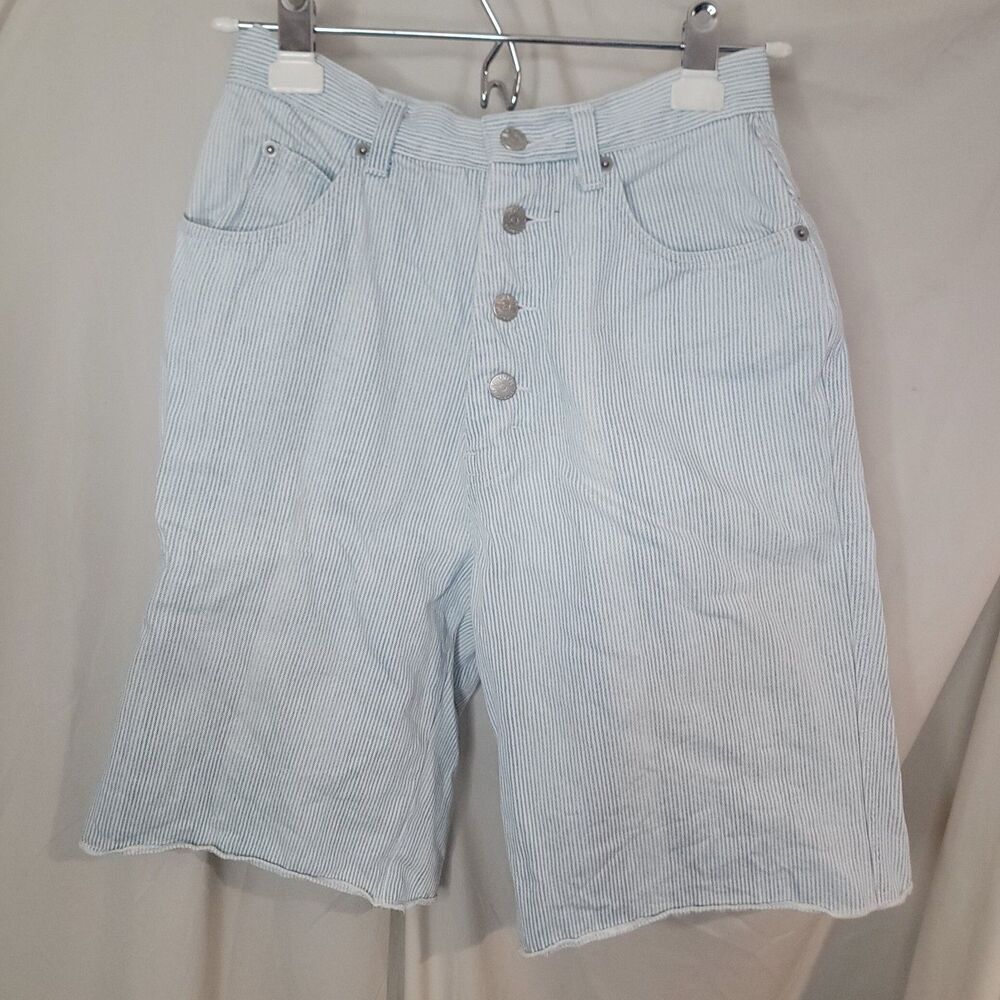 VTG Republic Striped Denim Shorts Womens 5/6 High Rise Button Fly Blue White